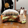 Vintage rabbit pincushion embroidered flowers and bee