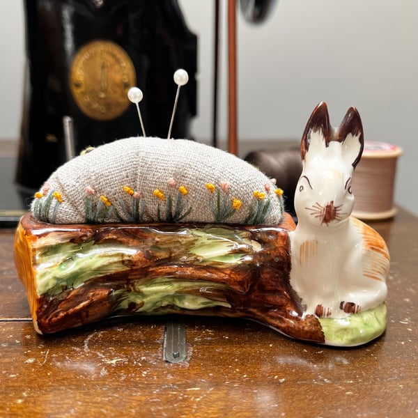 Vintage rabbit pincushion embroidered flowers and bee