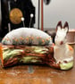 Vintage rabbit pincushion embroidered flowers and bee