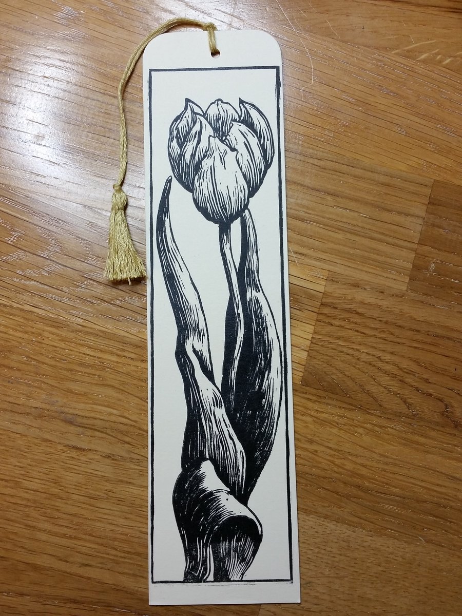 Original tulip linocut bookmark. 