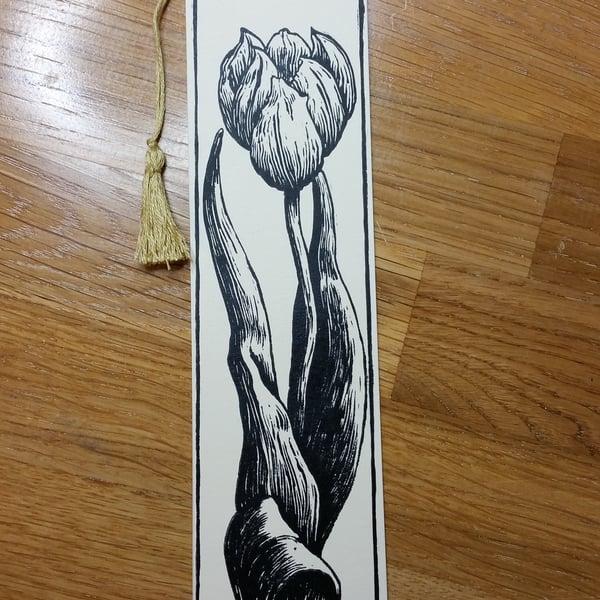 Original tulip linocut bookmark. 