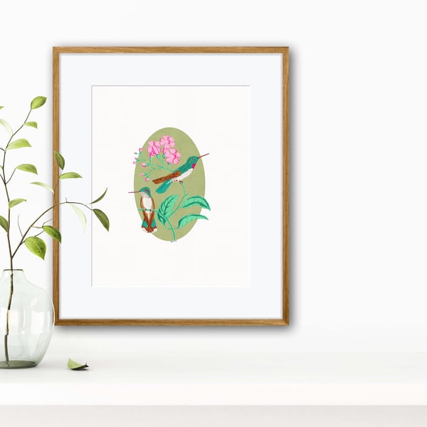 Hummingbirds Illustration Art Print - Green 