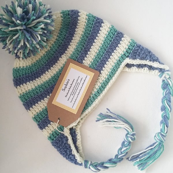 2-4 years sage green, cream and denim blue stripey pom pom winter  hat