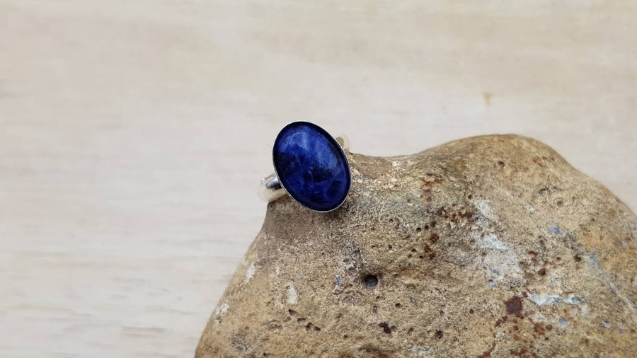 Adjustable oval Blue Sodalite ring. 925 sterling silver rings for women