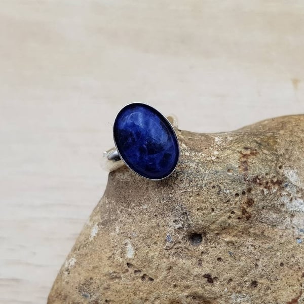 Adjustable oval Blue Sodalite ring. 925 sterling silver rings for women