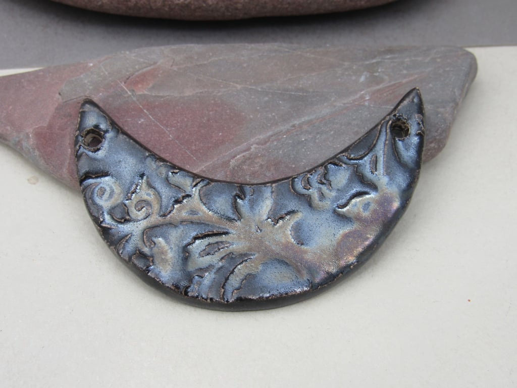 Dark Earth Brocade Ceramic Crescent Bib Pendant