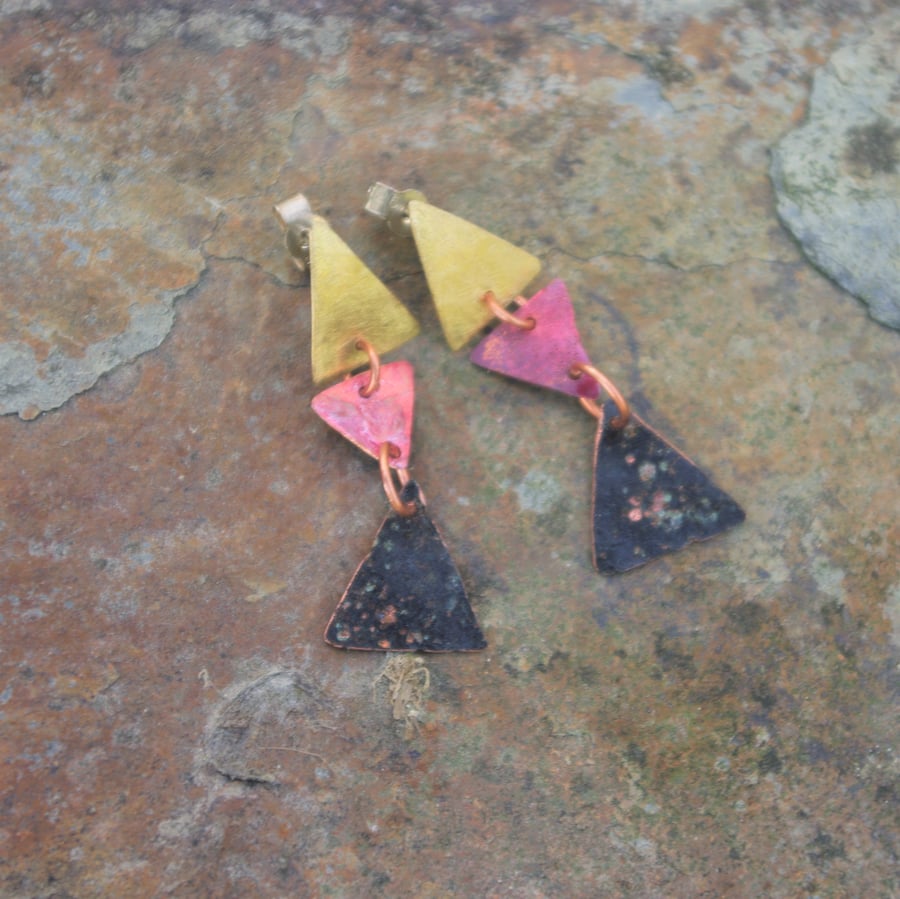 Brass and Copper Triangle Dangle Earrings 