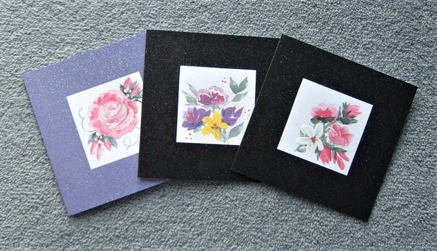 set of three hand painted all occasion floral cards ( ref F 786 )