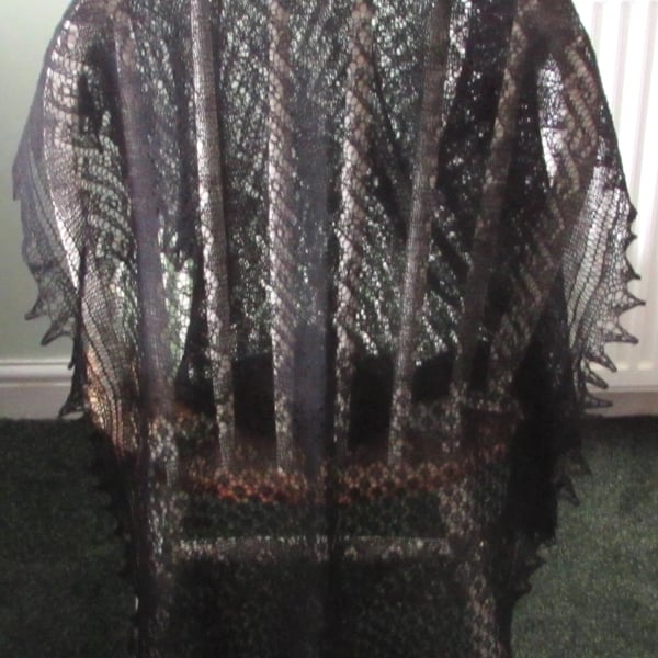 Hand knitted black cobweb lace shawl, 60 x 27 inches, rectangle