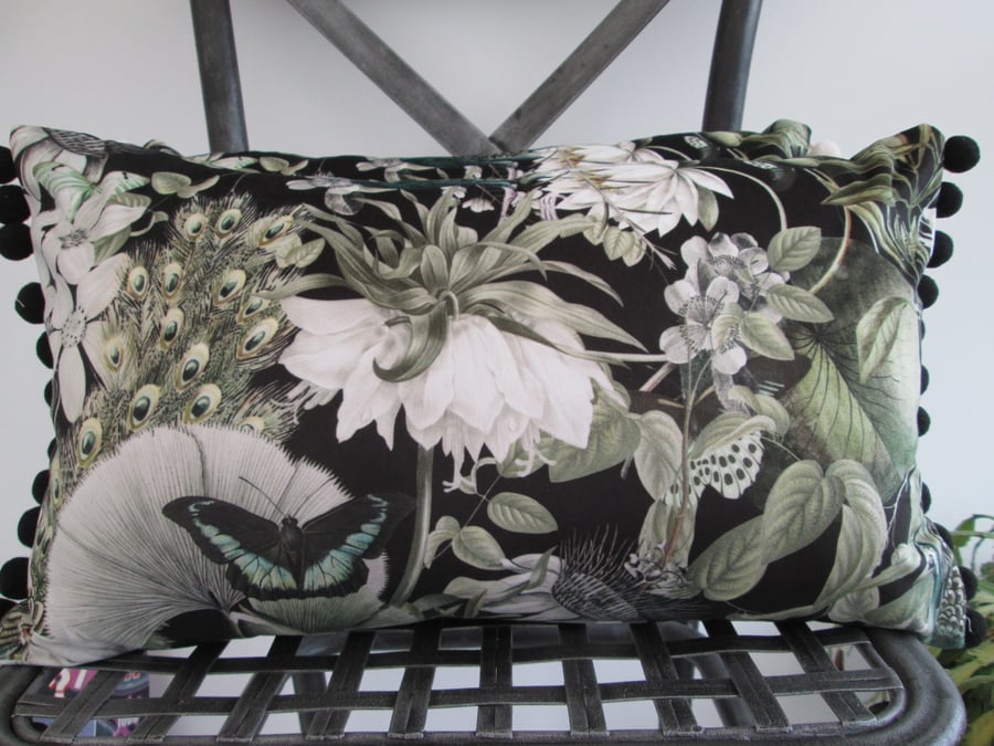 Printed Velour Cushion with Black Pom poms