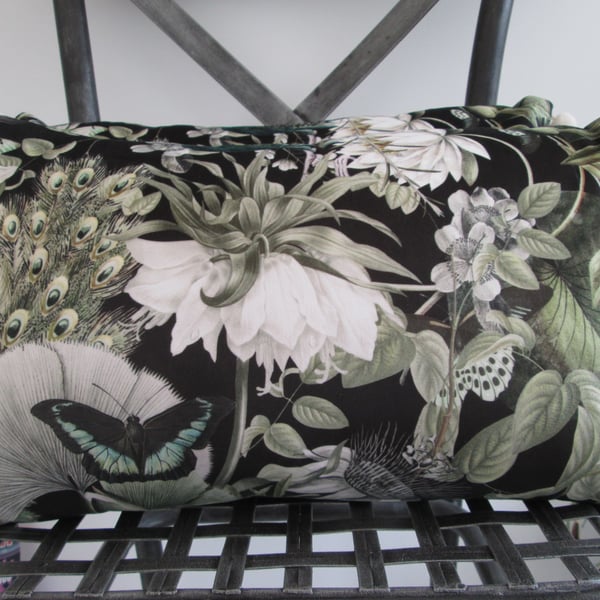 Printed Velour Cushion with Black Pom poms