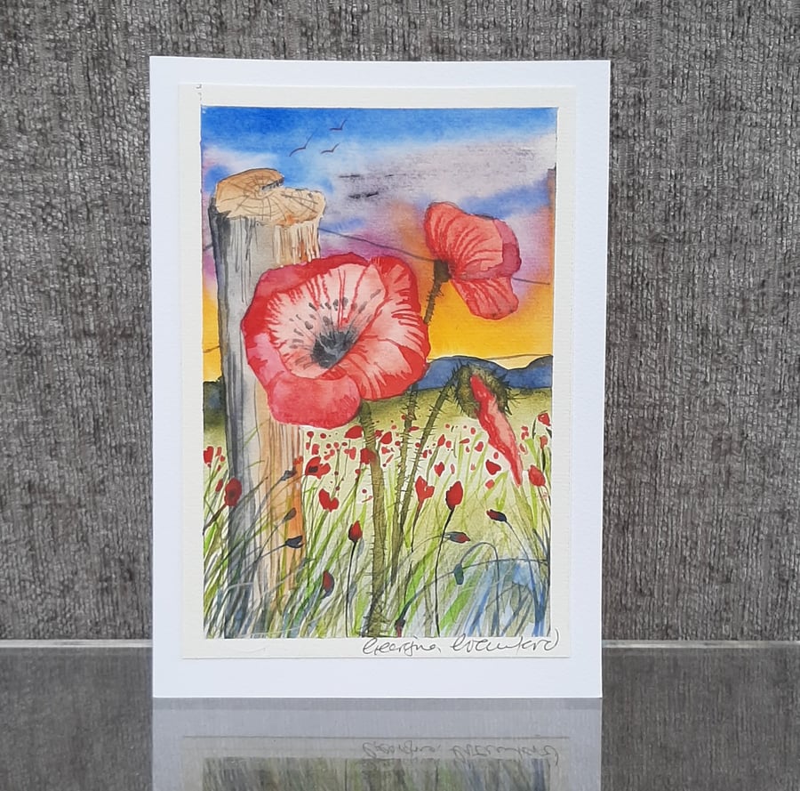 Poppies and Fence. Blank Card. Original Painting. 260146