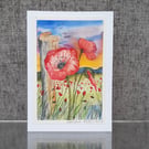 Poppies and Fence. Blank Card. Original Painting. 260146