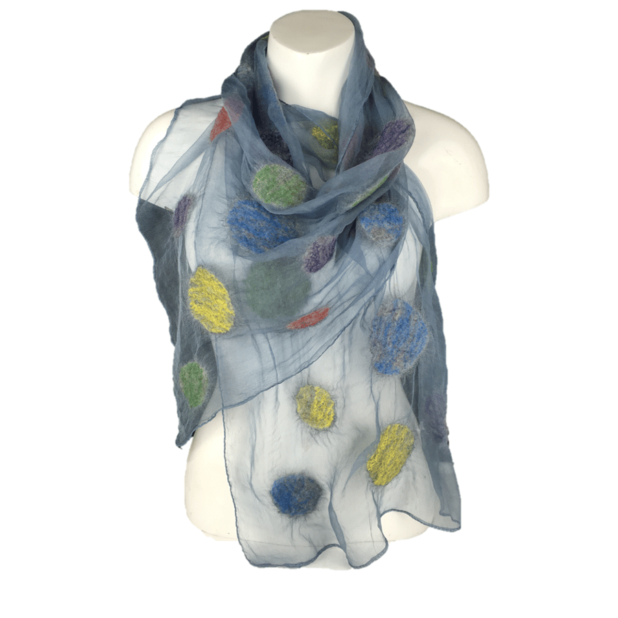 Grey silk chiffon scarf with nuno felted wool circles coloured with silk fibres