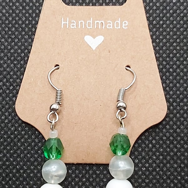 Green & iridescent white drop earrings