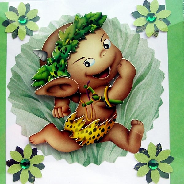 Happy Running Imp - Hand Crafted 3D Decoupage Greeting Card - Blank (2938)