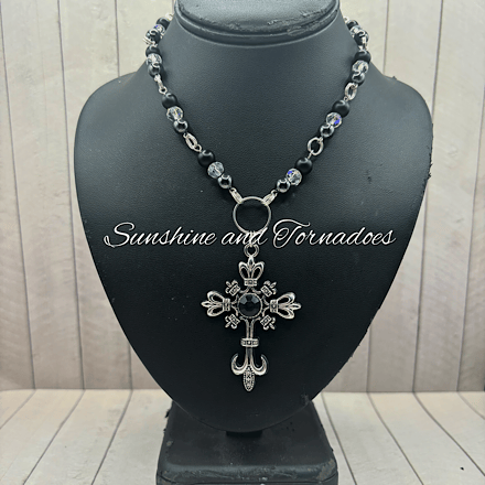 Handmade Obsidian & Hematite Cross Beaded Necklace with Czech Crystal Beads.
