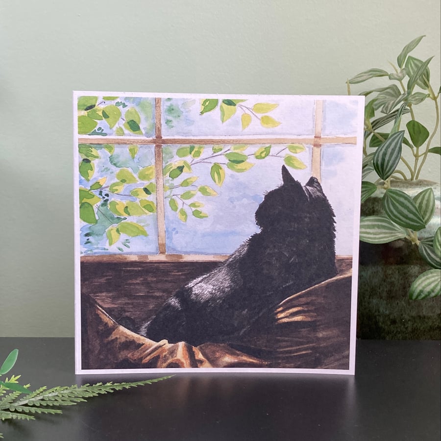 Black Cat Card. Handmade blank watercolour painting art card for cat lover.