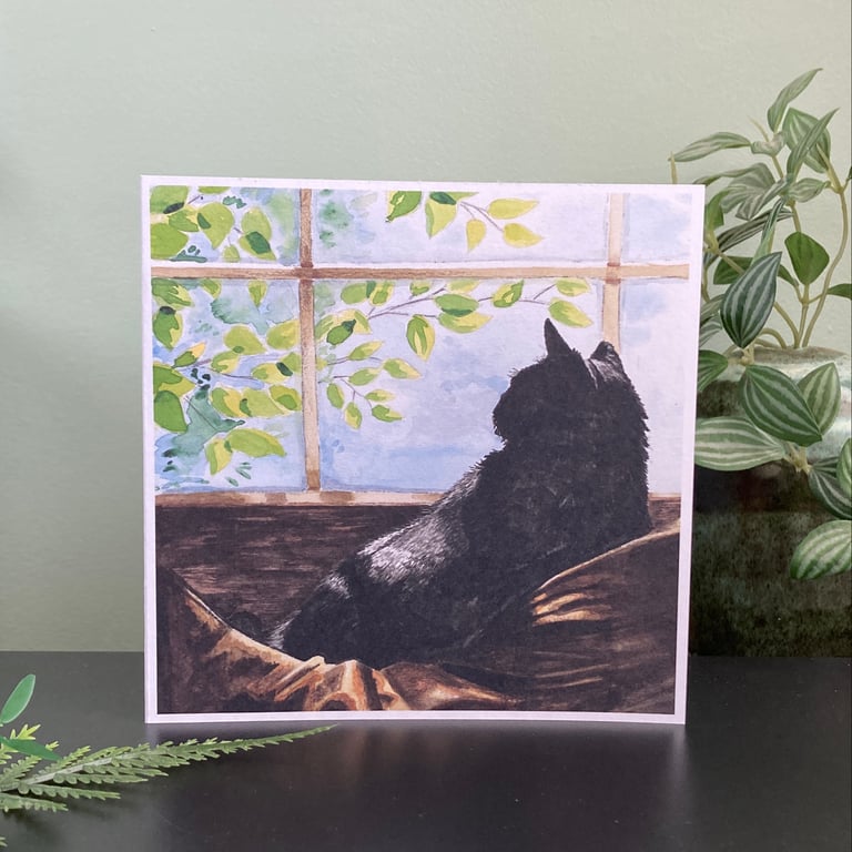 Black Cat Card. Handmade blank watercolour painting art card for cat lover.
