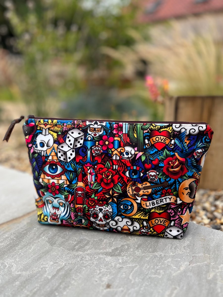 Tattoo velvet large zip pouch with striped cotton lining