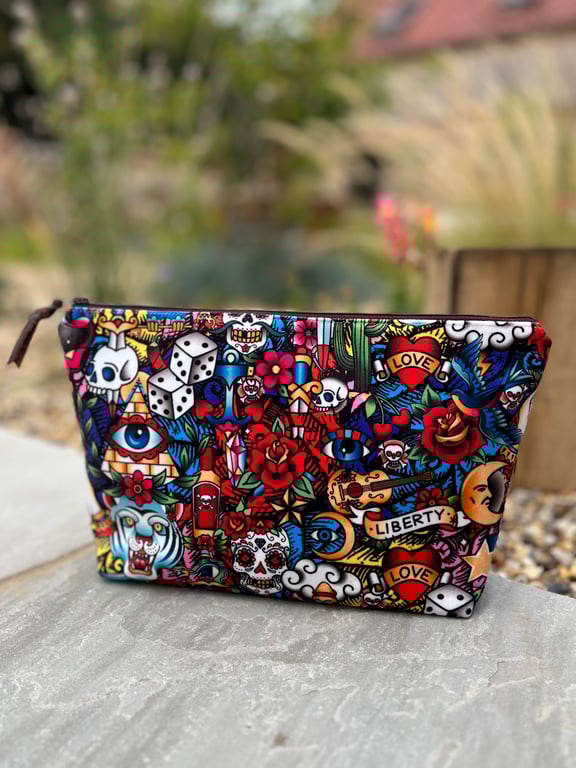 Tattoo velvet large zip pouch with striped cotton lining