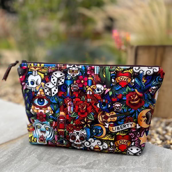 Tattoo velvet large zip pouch with striped cotton lining