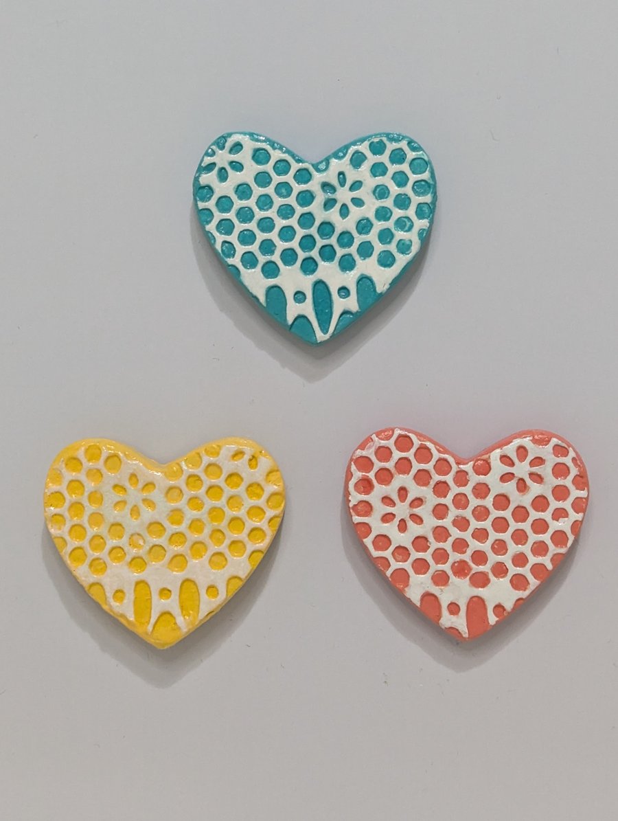 Heart clay fridge magnets, set of 3, gift for Mothers Day