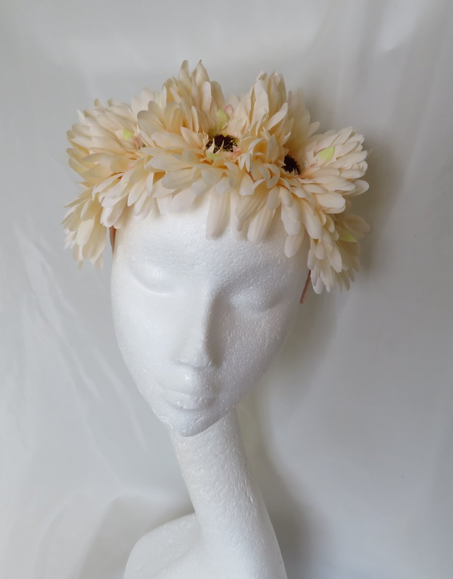 Pale Blush Peach Daisy Flower Crown Retro Vintage Boho Floral Hair Headband Band