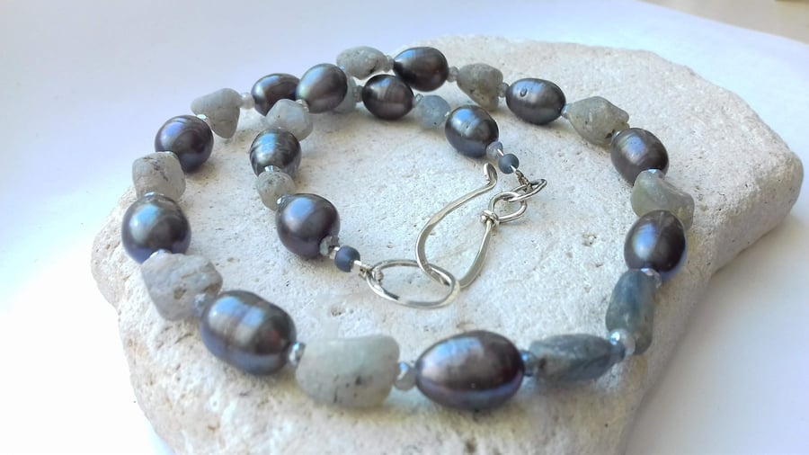 Raw Sapphire, Freshwater Pearl and Labradorite Gemstone Necklace 