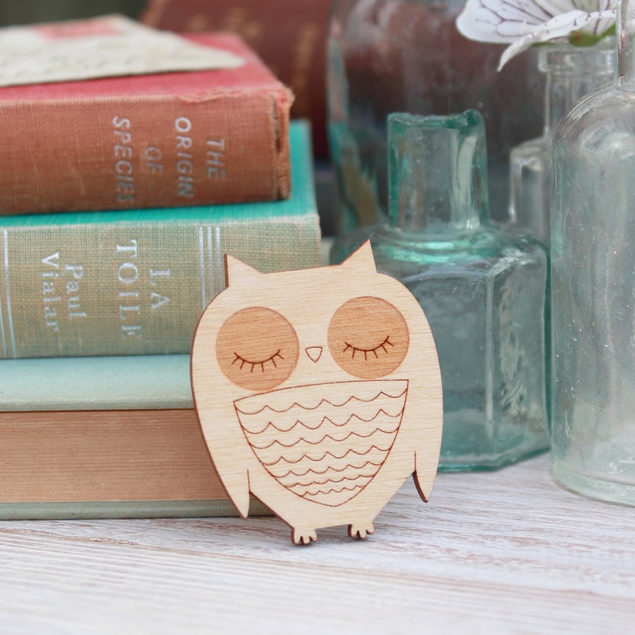 Wooden Owl Brooch