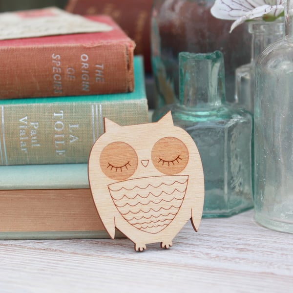 Wooden Owl Brooch