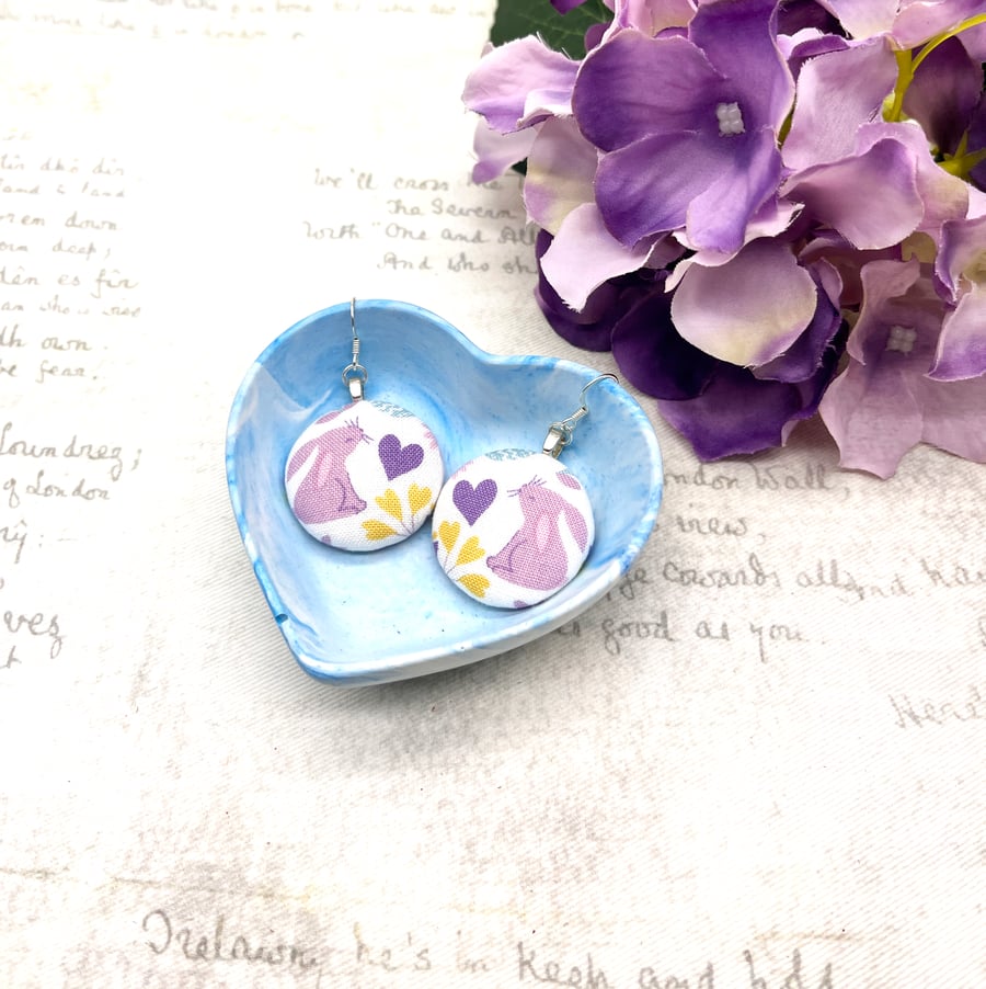 Lilac bunnies with heart spring statement fabric button earrings