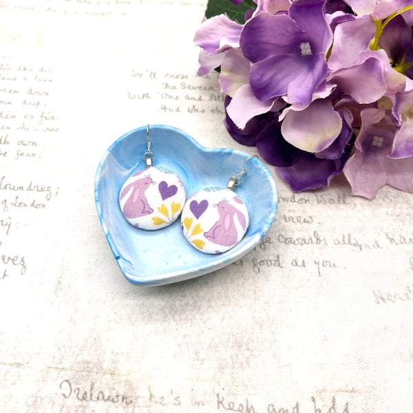 Lilac bunnies with heart spring statement fabric button earrings
