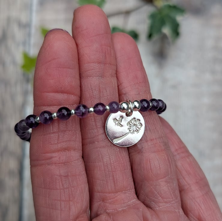 Amethyst Bracelet with Silver Dandelion Disc Ch... - Folksy