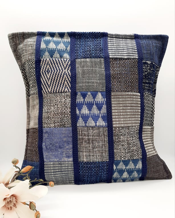 Blue theme patchwork cushion cover,  16" x 16" envelope back. 