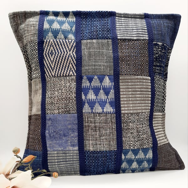 Blue theme patchwork cushion cover,  16" x 16" envelope back. 
