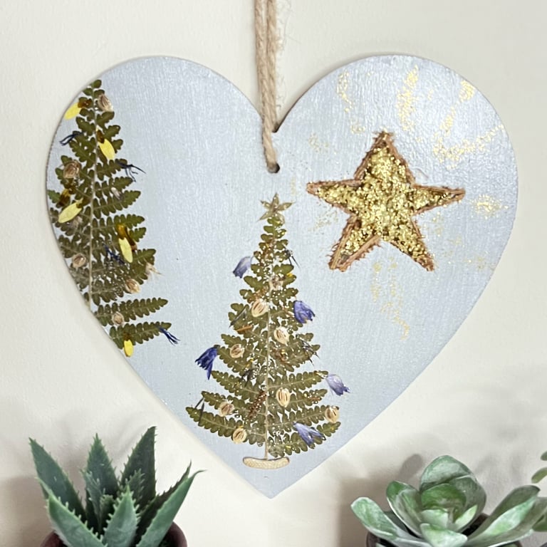 Festive Wooden Hanging Heart Christmas Decor, Pressed  Christmas Fern