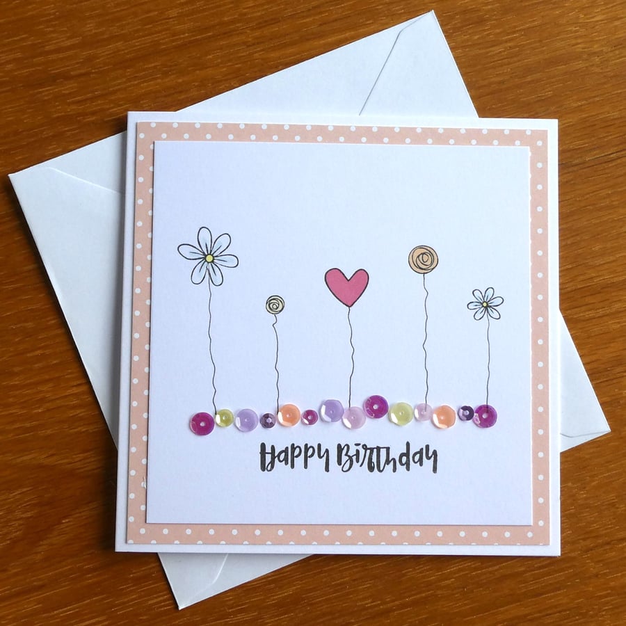 Birthday Card - Flowers and Sequins