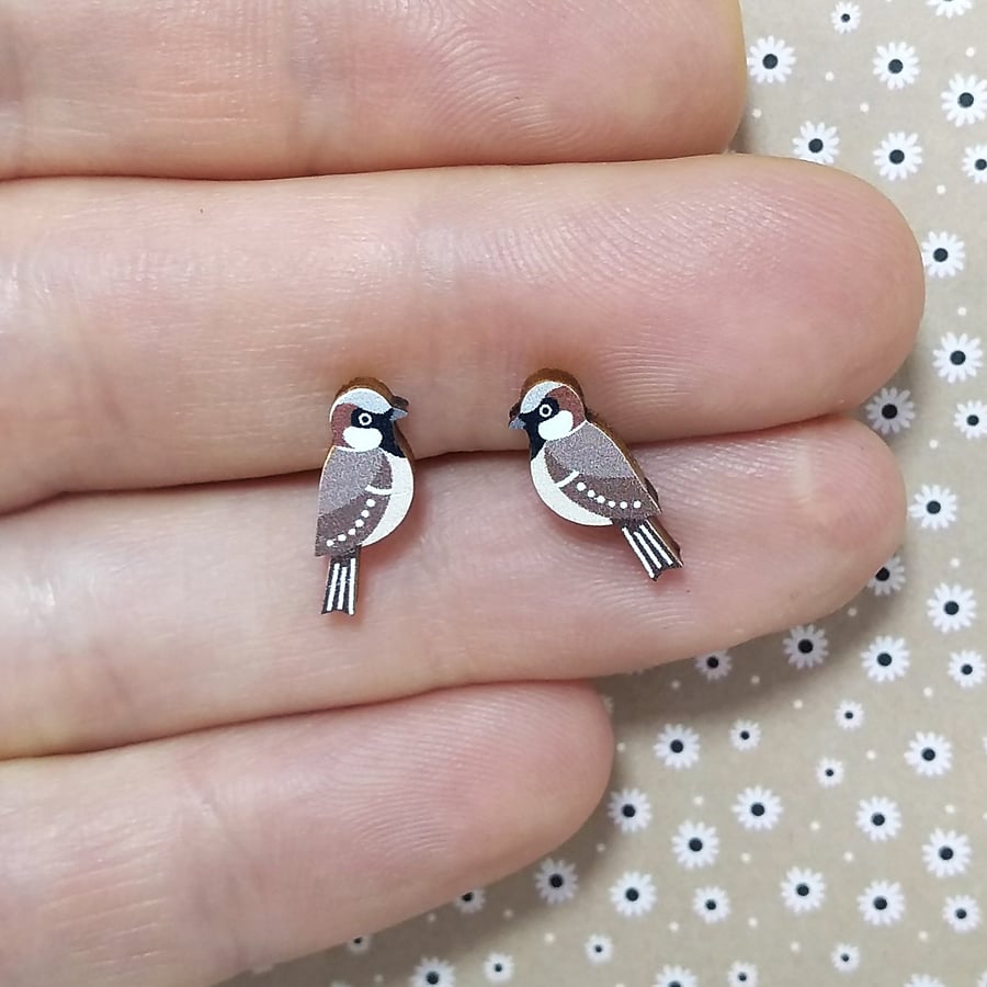 House Sparrow Earrings, Wooden Studs, Silver Plated or Sterling Silver Backs