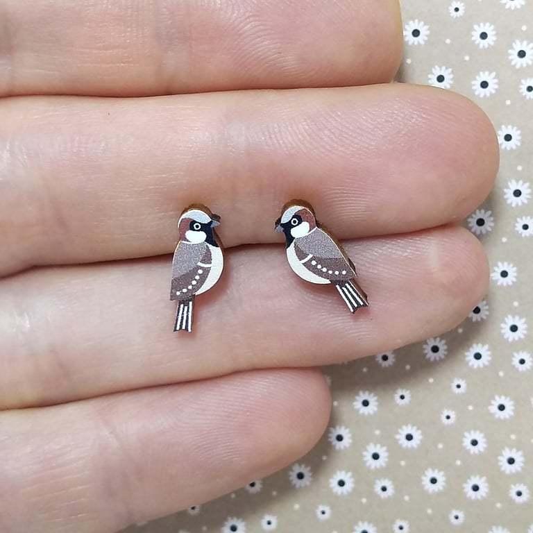House Sparrow Earrings, Wooden Studs, Silver Plated or Sterling Silver Backs