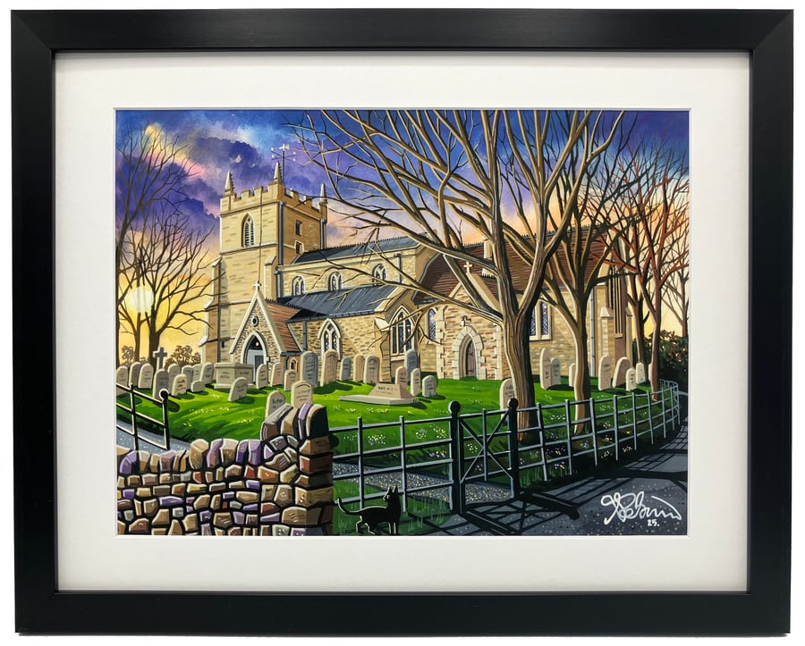 Holywell Church, Framed Art Print 14" x 11" Frame Cambridgeshire Landscape