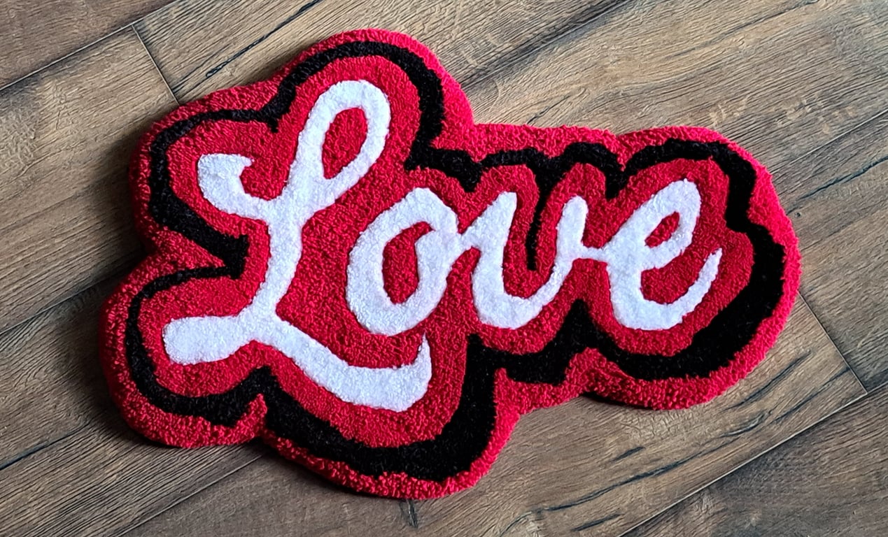 Small handmade tufted LOVE rug  44 x 34 cm  Red, Black & White