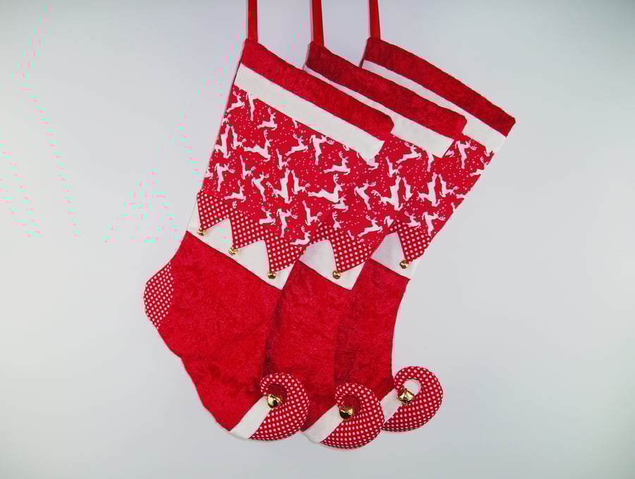 Reindeer Christmas Harlequin Stocking; Red & White Elf Toe; Jester Stocking