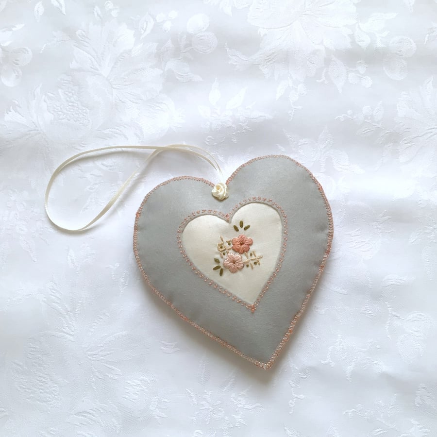 Hanging decoration, heart, grey, peach, hand embroidered, female gift, flowers,