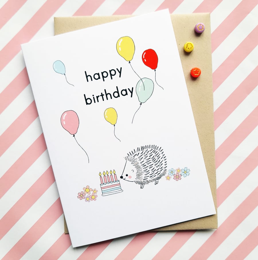 hedgehog birthday A6 greetings card - cute birthday card for wildlife lover