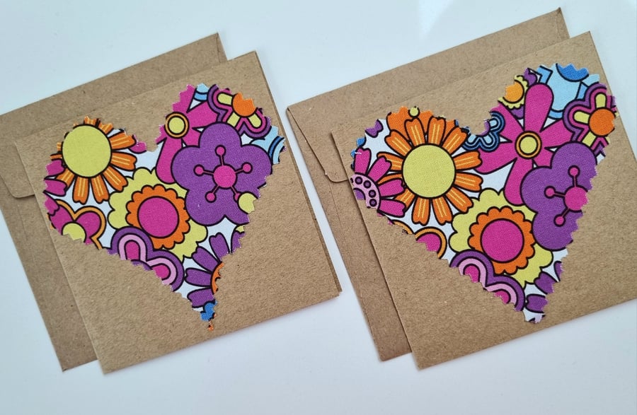 Retro Floral Fabric and Kraft Card Blank Card pack of 2.