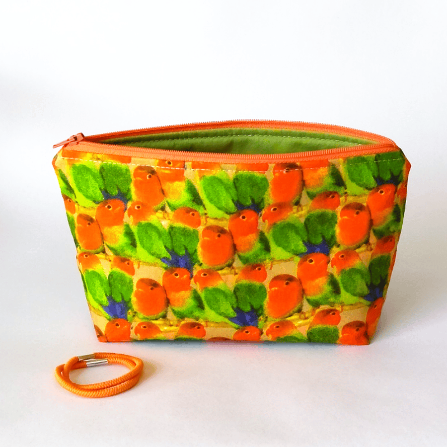 Lovebirds zipped pouch, make-up bag, small, parakeets