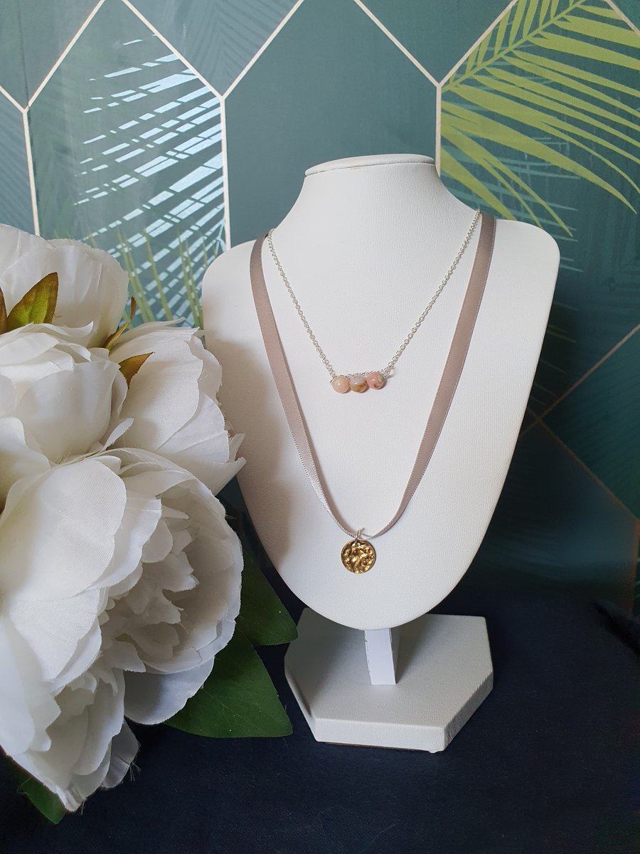 Layered pink peruvian opal necklace