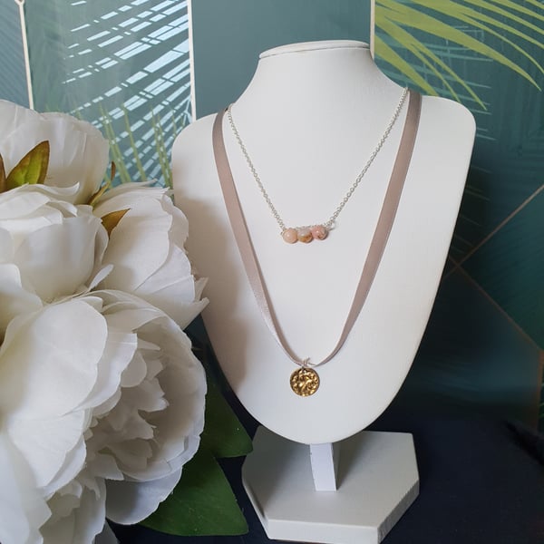 Layered pink peruvian opal necklace