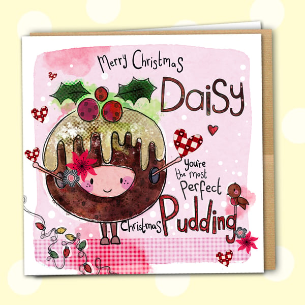 Little Girl Pudding Christmas personalised white square 6" linen card